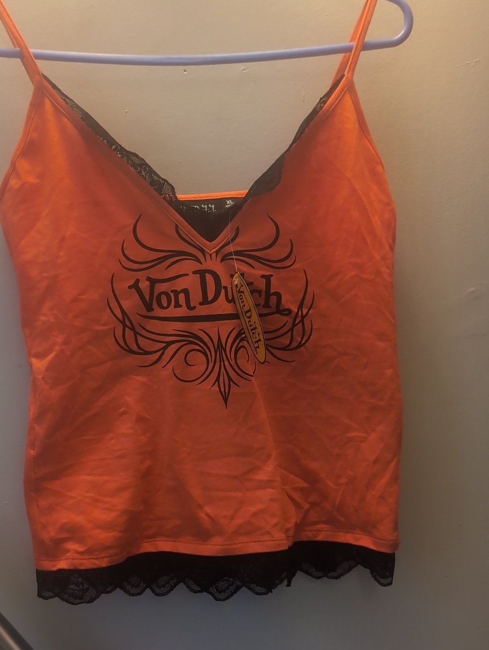Von Dutch Orange Lace-Trim V-Neck Camisole with Logo